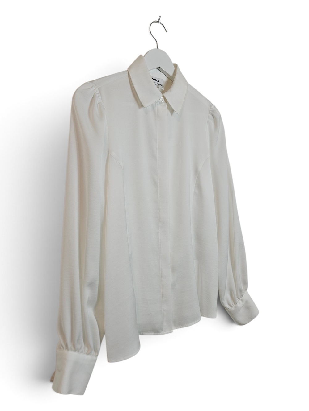 NWT DKNY Blouse XS Puff Sleeve Hidden Placket Office Siren Corpcore Shirt White